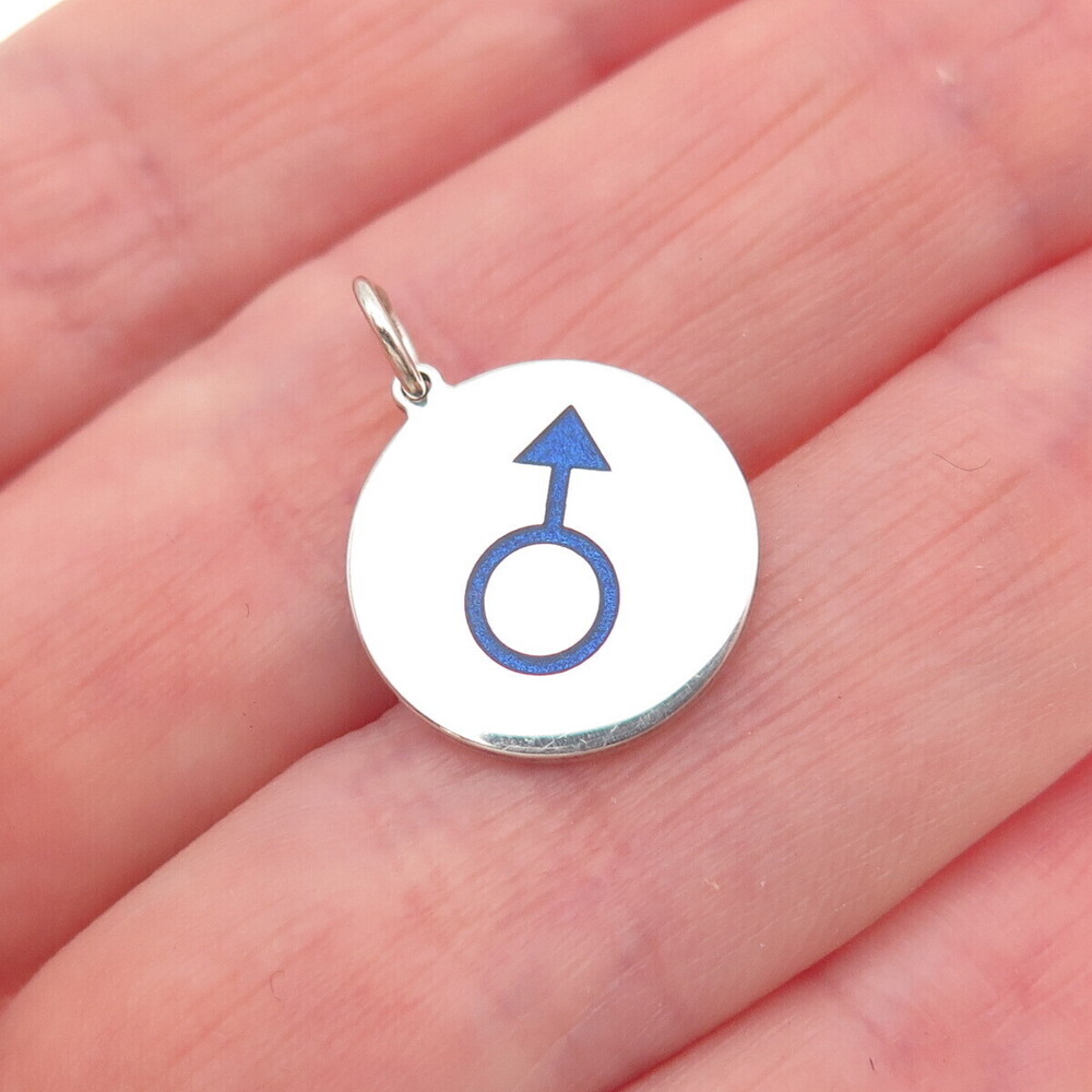 925 Sterling Silver Blue Enamel Male Symbol Round Tag Mini Charm Pendant